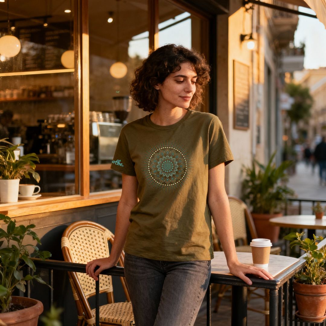 Khaki Unisex Bio T-Shirt "Just breathe." - nachhaltig & Fair von AnyArtDesign